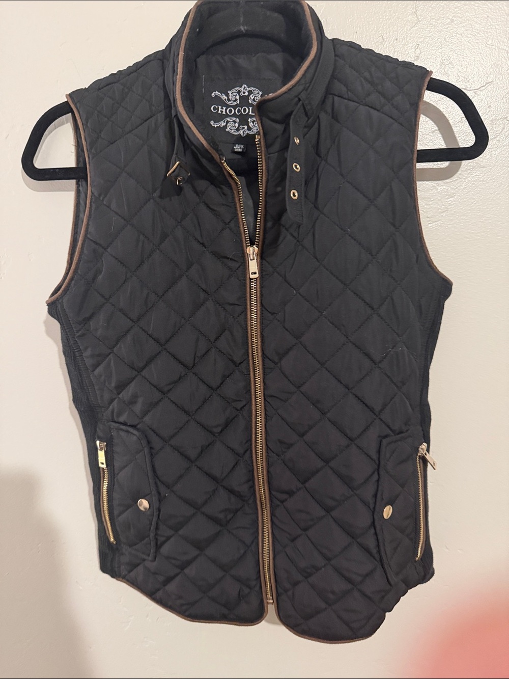 Chocolate Quilted Black Vest with Brown Trim and Gold Hardware